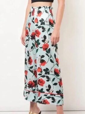 Alice + Olivia Elba Blue Floral Satin Wide Leg Crop Pull On Pants XS 26” Inseam